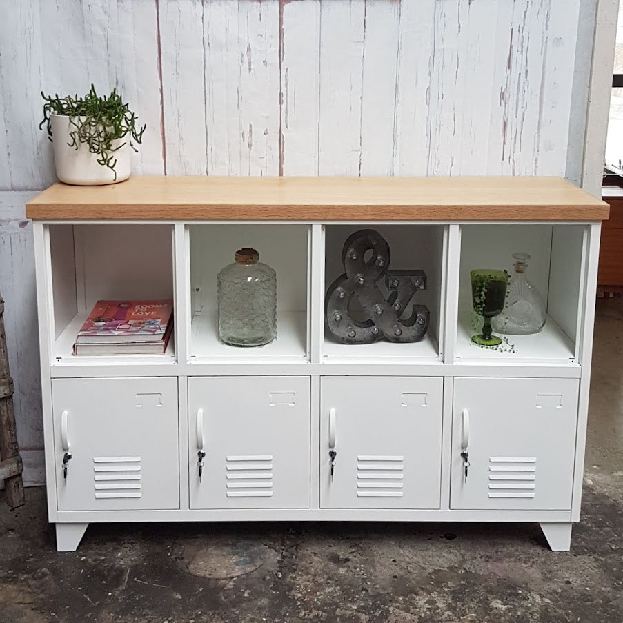 White 8 Door Sideboard Locker- Dark Oak top