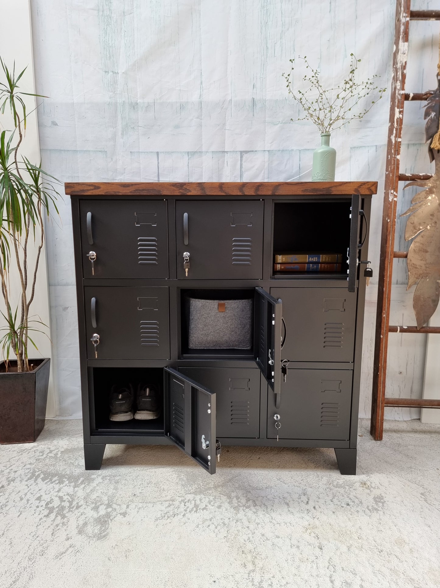 Black 9 Door Locker with Dark Oak top