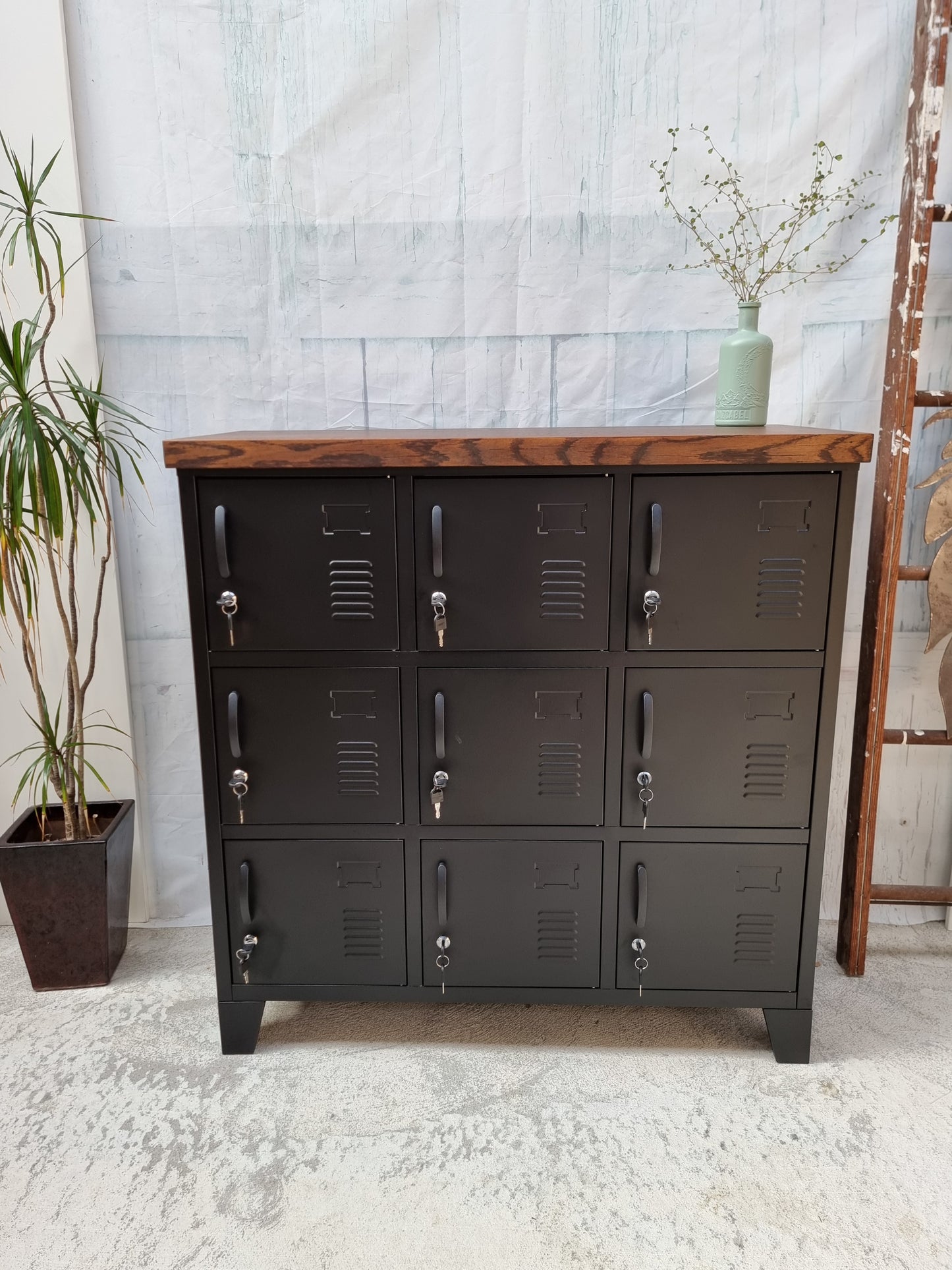 Black 9 Door Locker with Dark Oak top