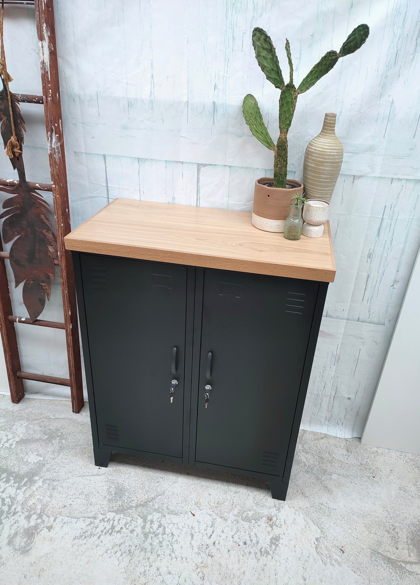 Black Double Side Cabinet-Oak top