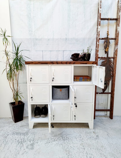 White 9 Door Locker Dark Oak top
