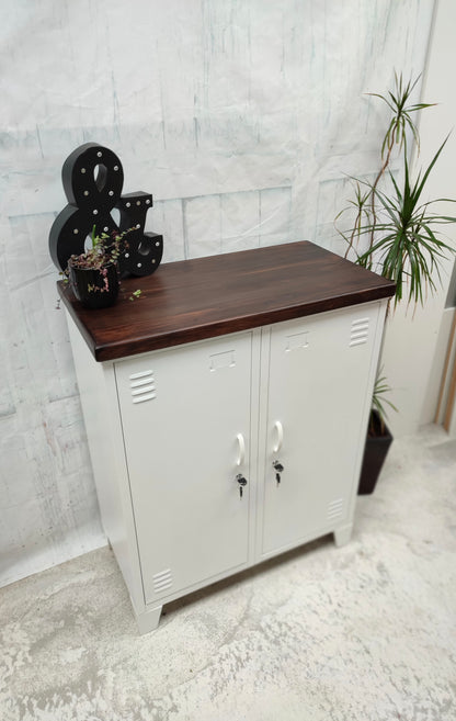 White Double Side Cabinet Dark Rimu top