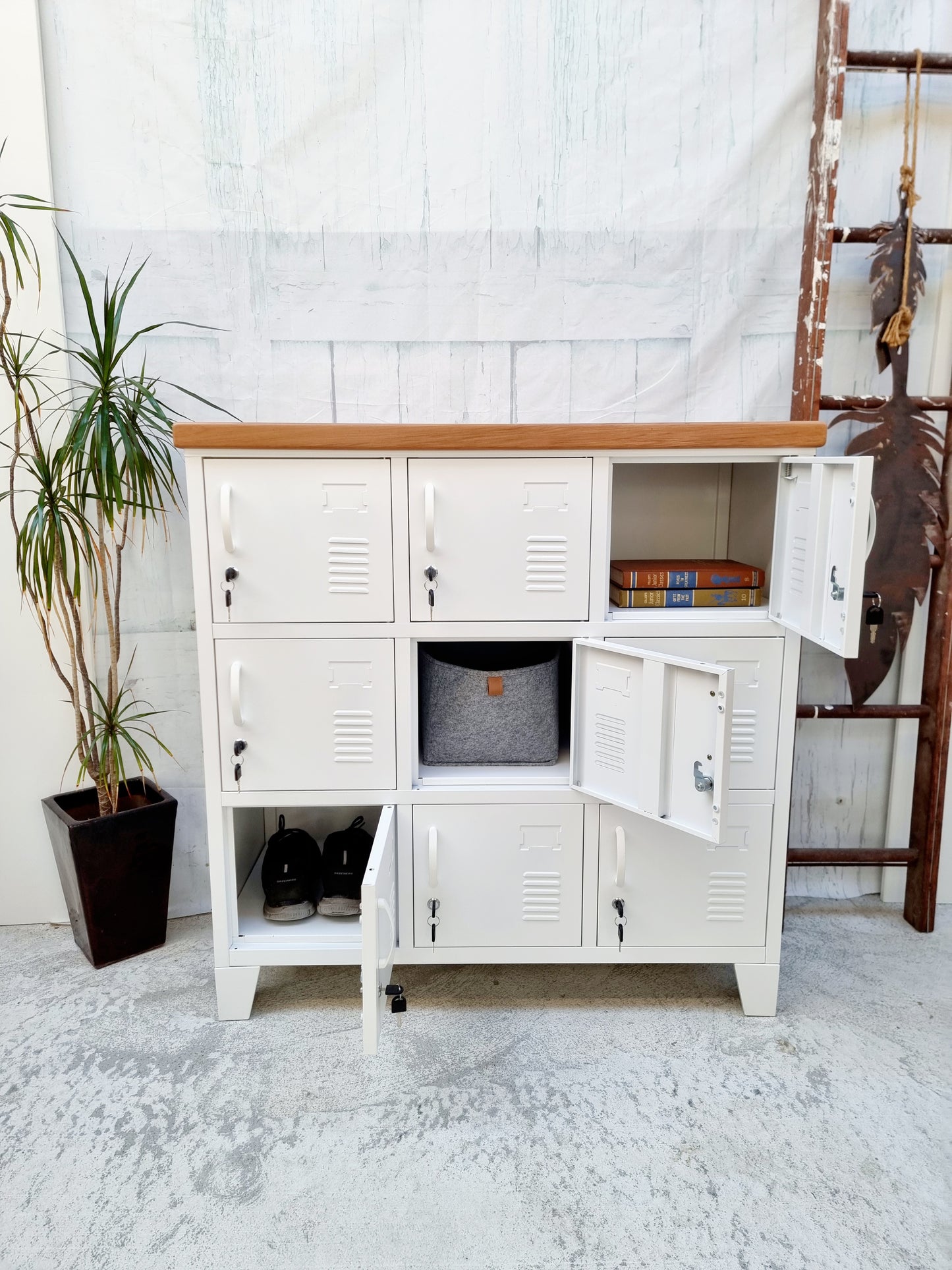 White 9 Door Locker with Rimu top