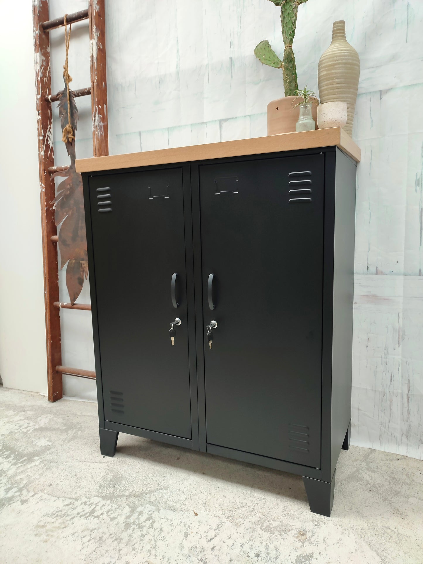 Black Double Side Cabinet-Oak top