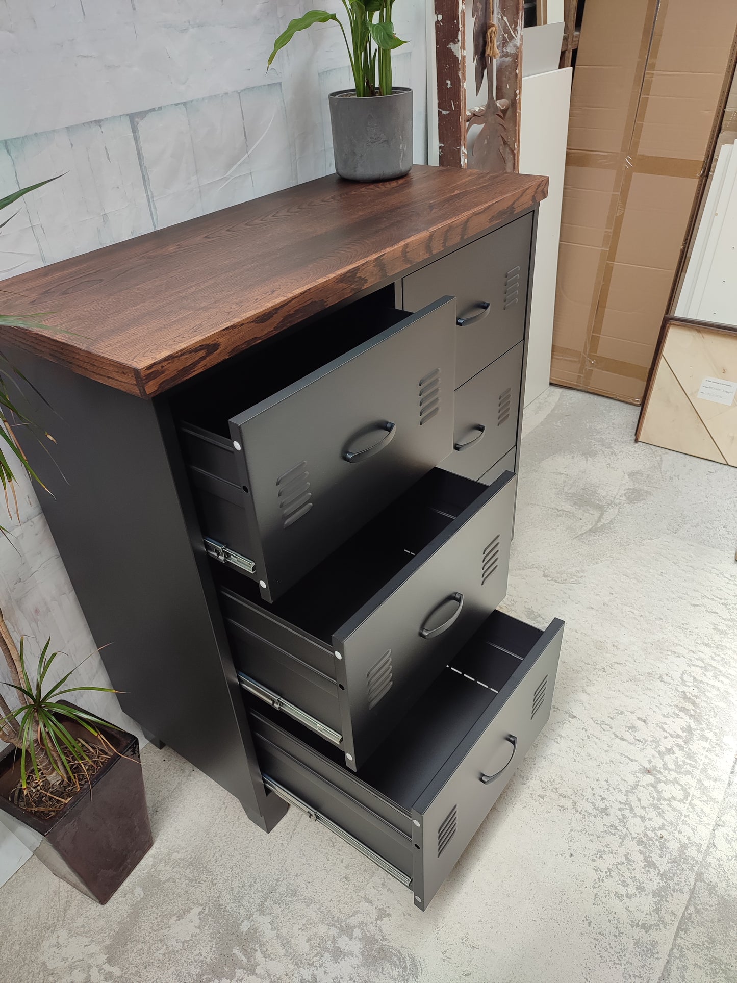 Black 6 Drawer -Dark Oak top