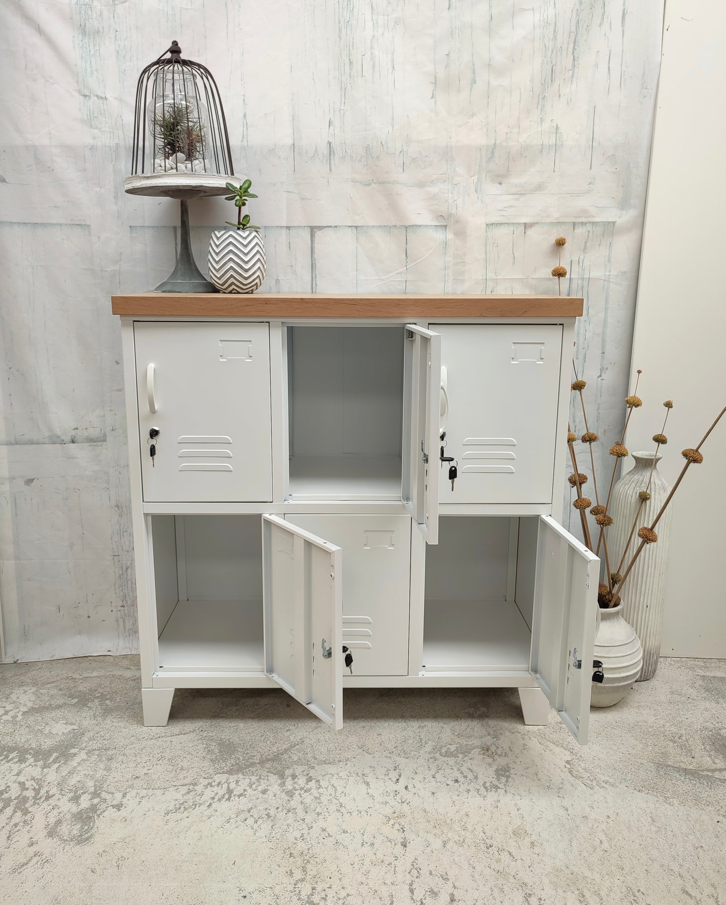 White 6 Door Locker with Oak top
