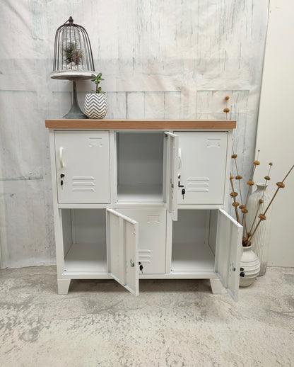 White 6 Door Locker with Oak top