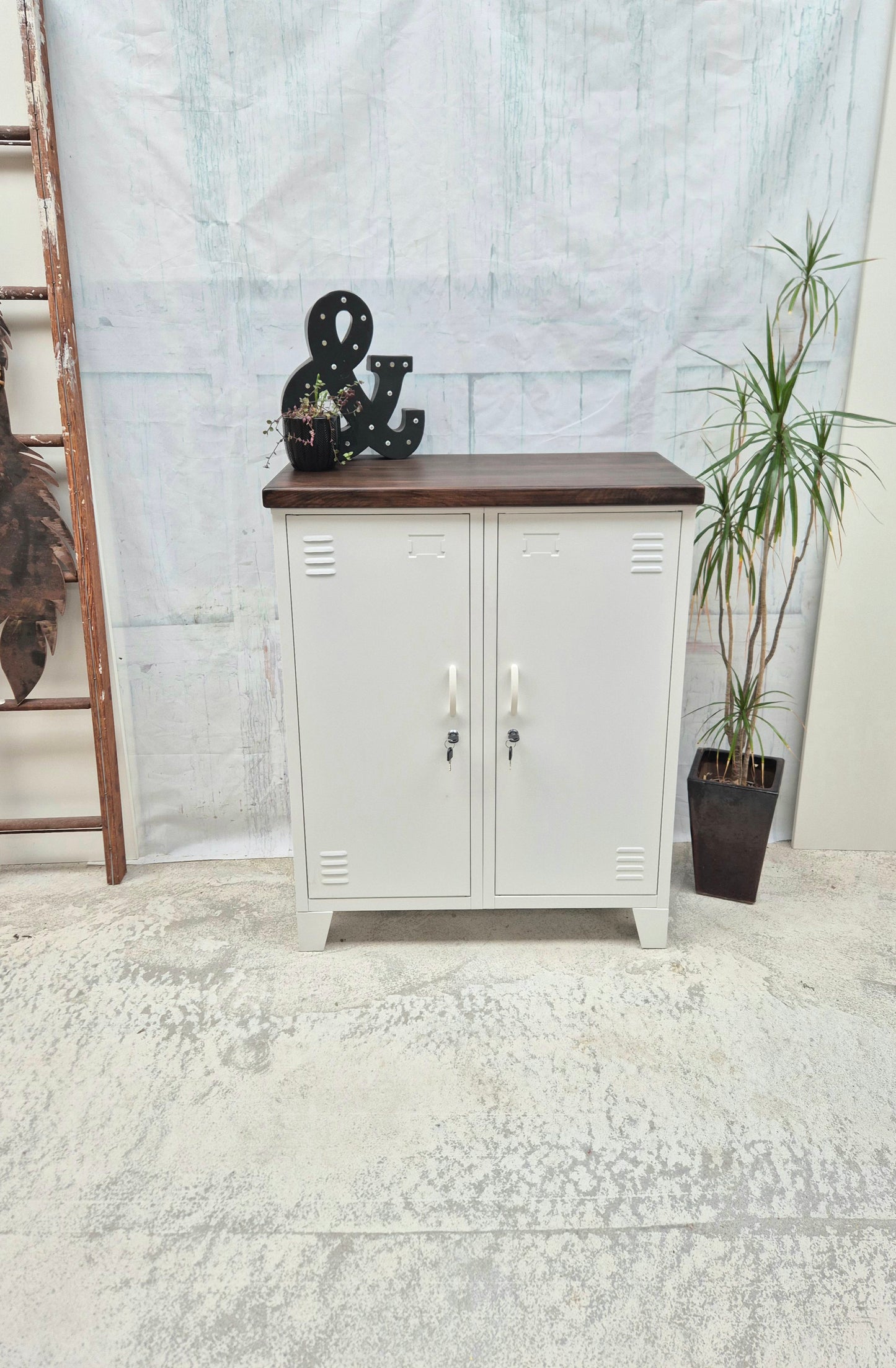 White Double Side Cabinet Dark Rimu top