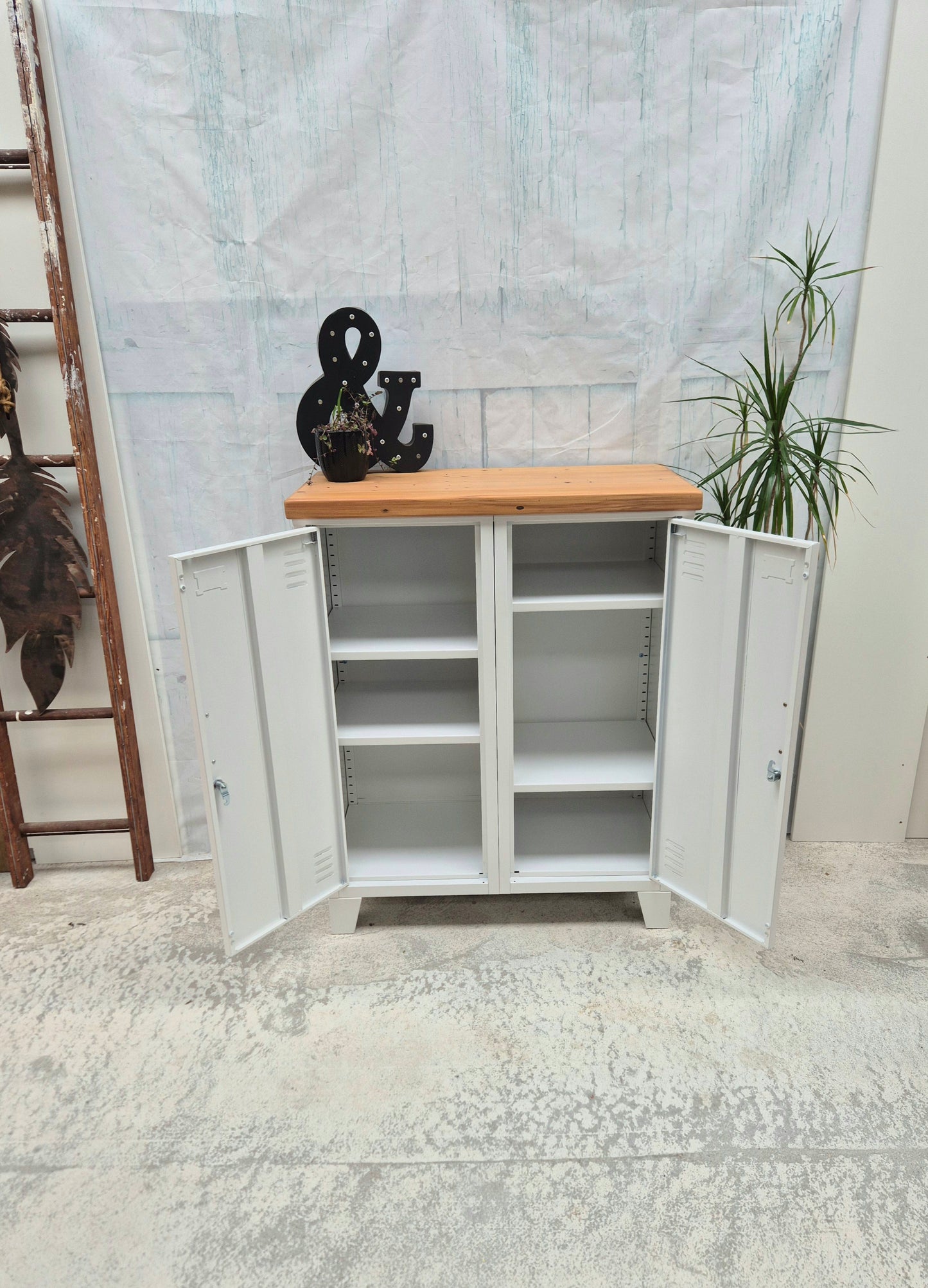 White Double Side Cabinet Rimu top