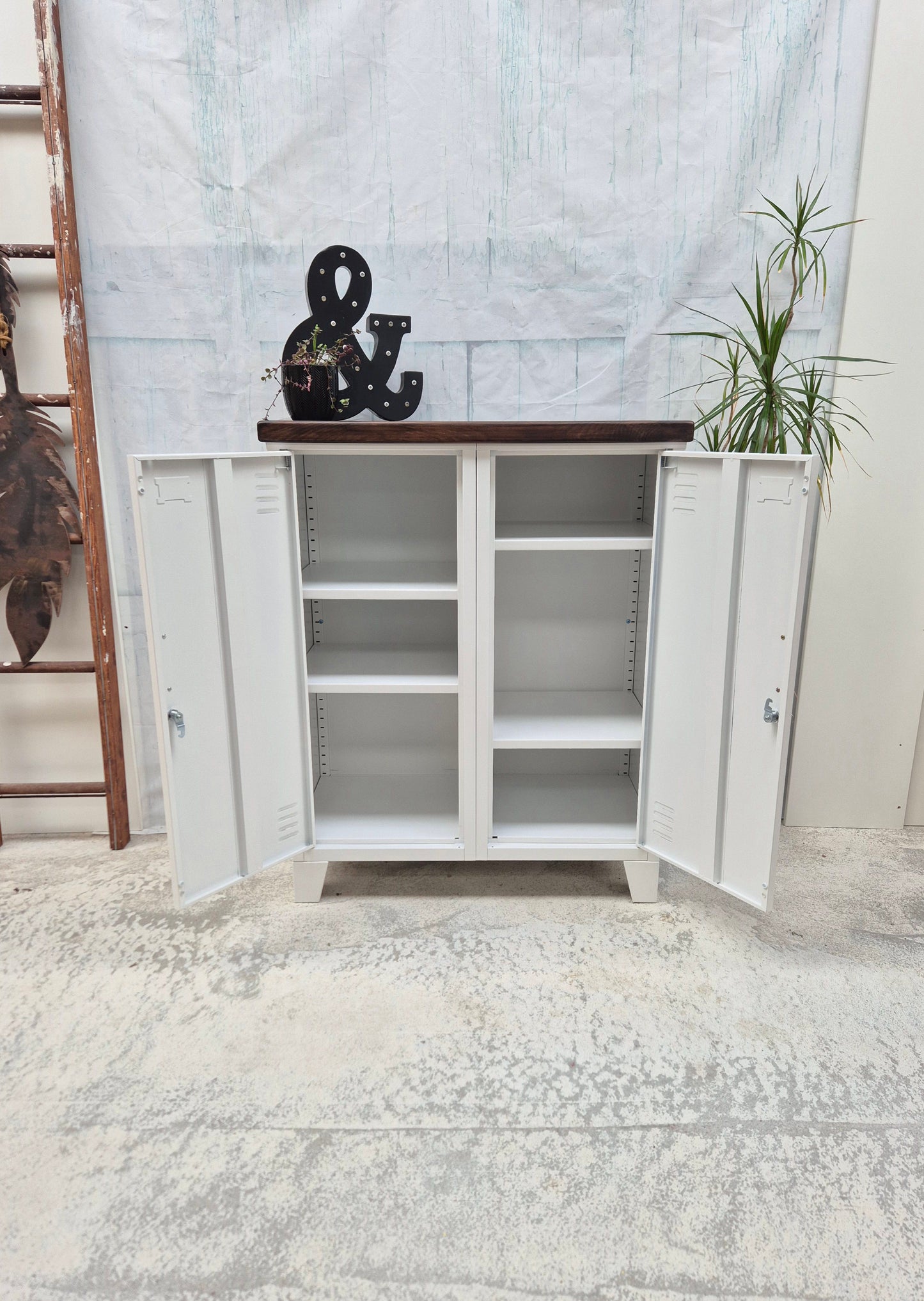 White Double Side Cabinet Dark Rimu top