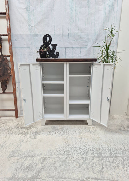 White Double Side Cabinet Dark Rimu top