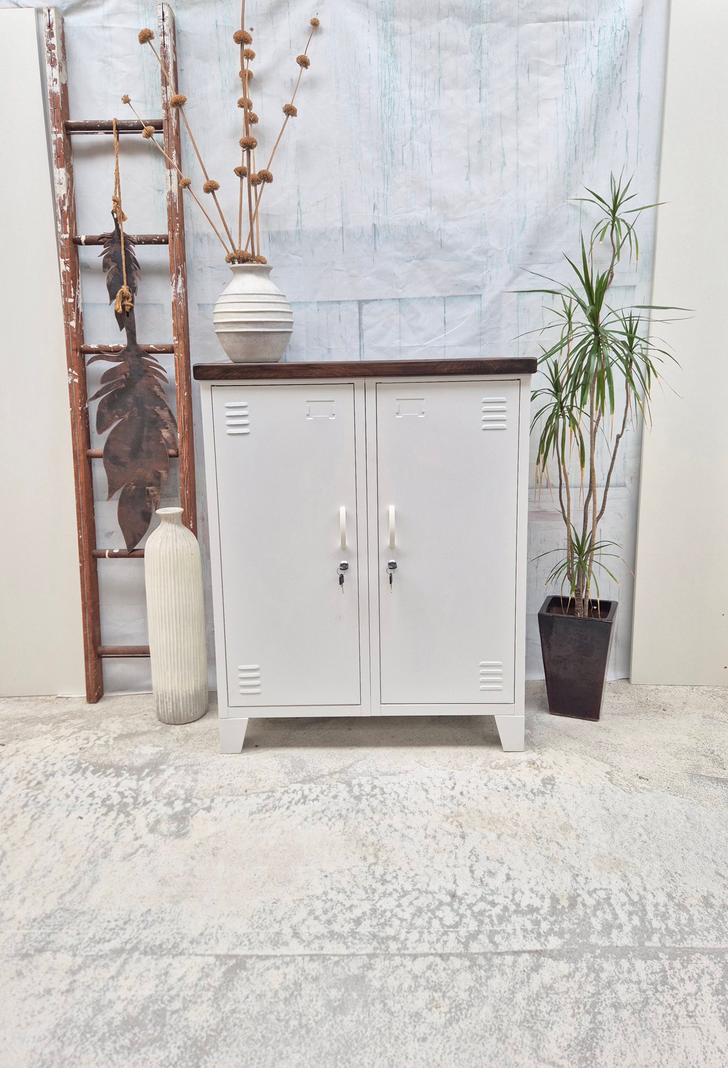 White Double Side Cabinet Dark Oak top