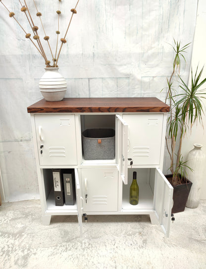 White 6 Door Locker Dark Oak top