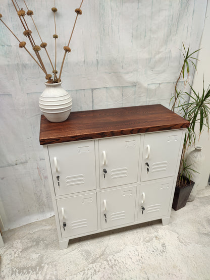 White 6 Door Locker Dark Oak top