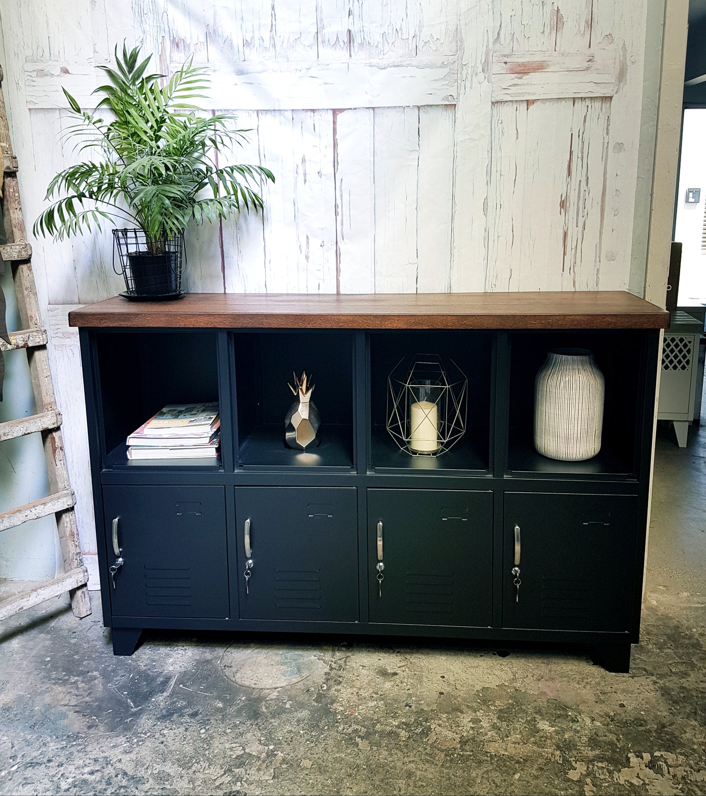 Black cubbyhole Sideboard Locker- Dark Oak top