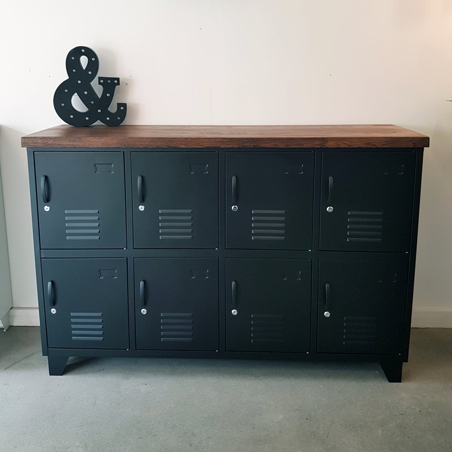 Black 8 Door Sideboard Locker- Dark Oak top