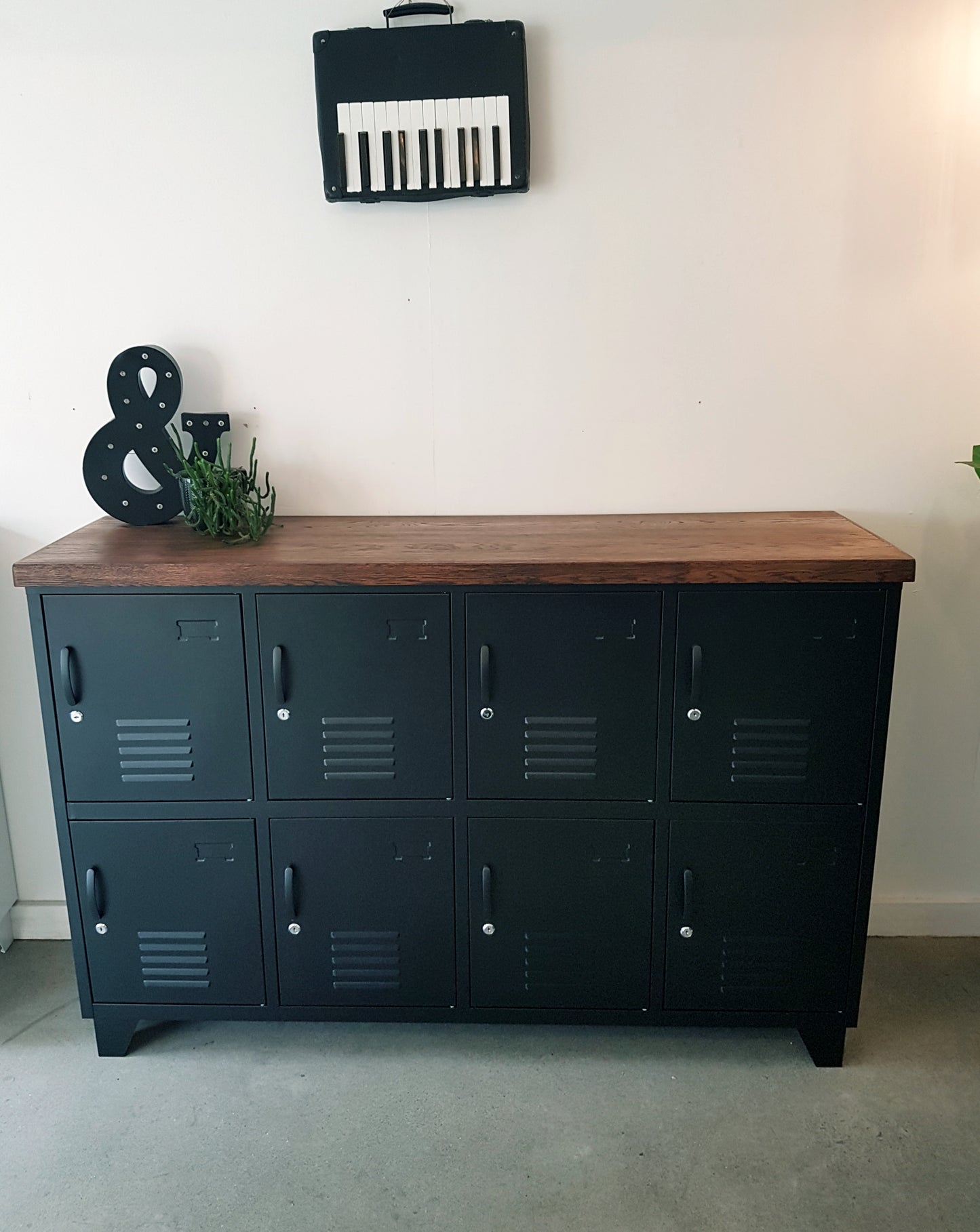 Black 8 Door Sideboard Locker- Dark Oak top