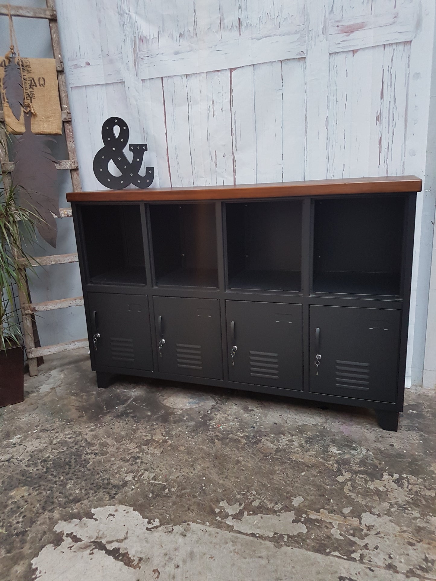 Black cubbyhole Sideboard Locker- Dark Oak top
