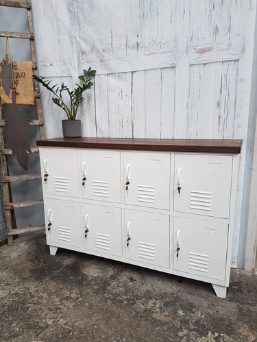 White 8 Door Sideboard Locker- Dark Oak top