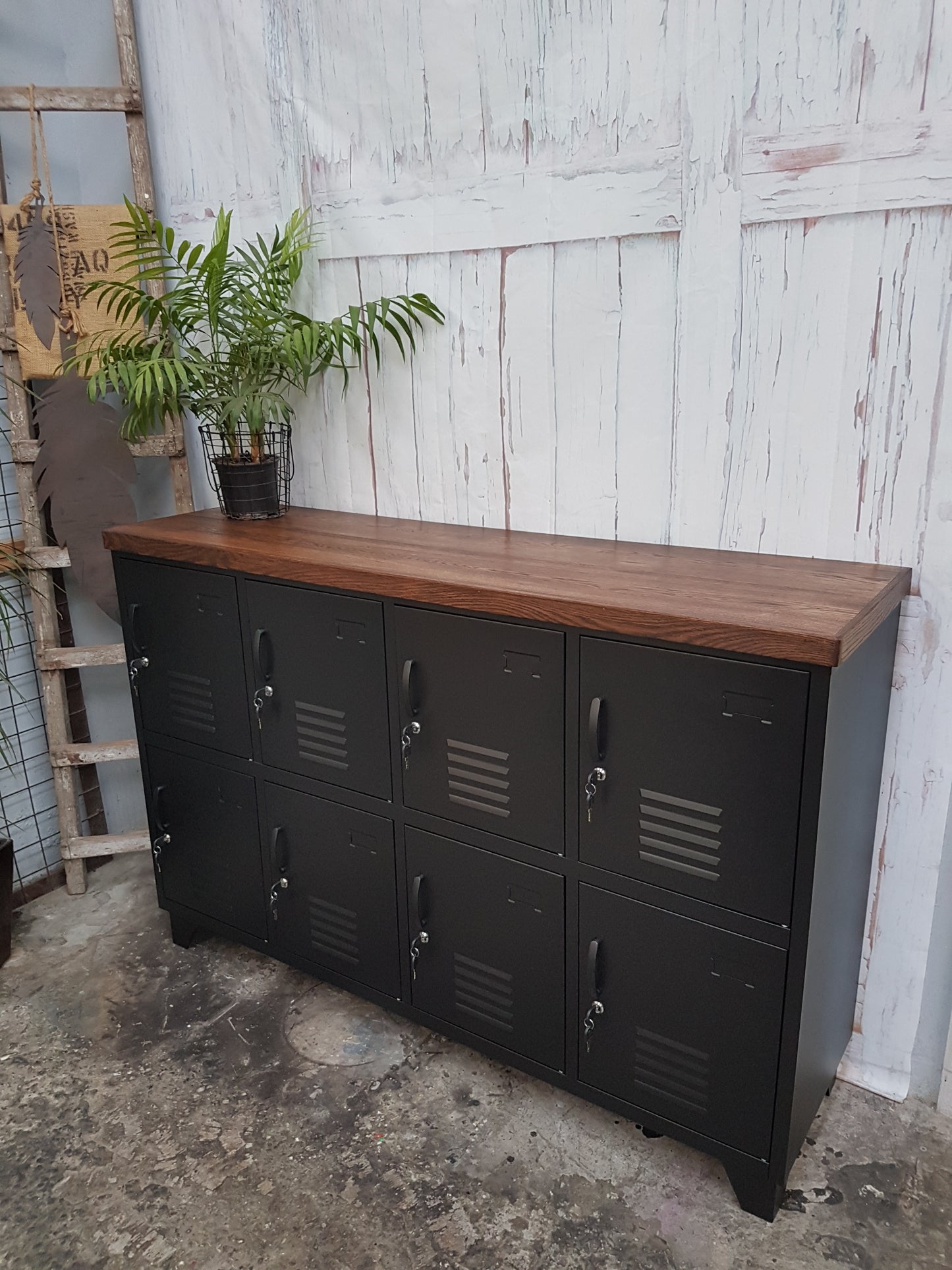 Black 8 Door Sideboard Locker- Dark Oak top