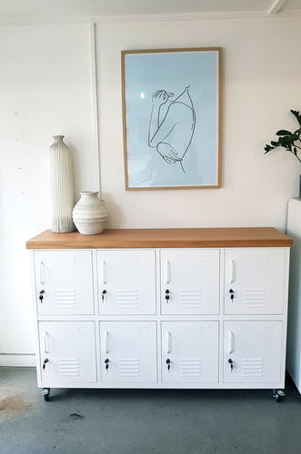 White 8 Door Sideboard Locker,casters & Rimu Top