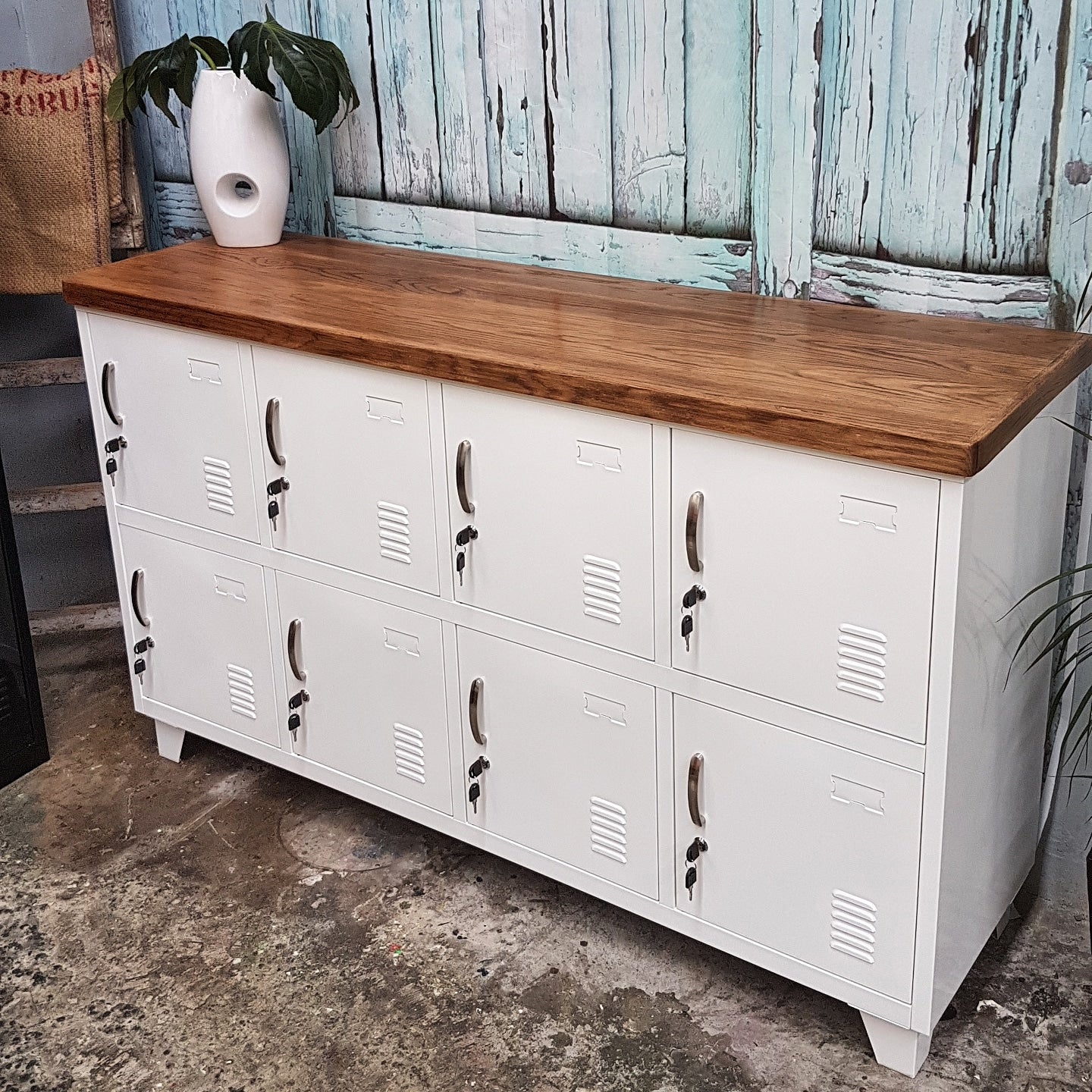 White 8 Door Sideboard Locker- Dark Oak top