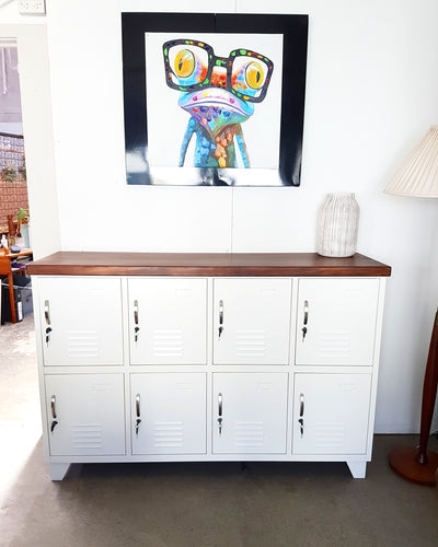 White 8 Door Sideboard Locker Dark Rimu Top