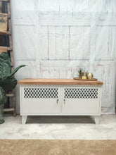 White TV Cabinet Herringbone Oak Top