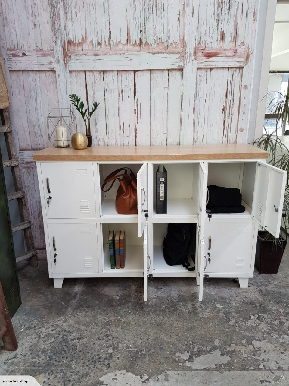 White 8 Door Sideboard Locker Oak Top